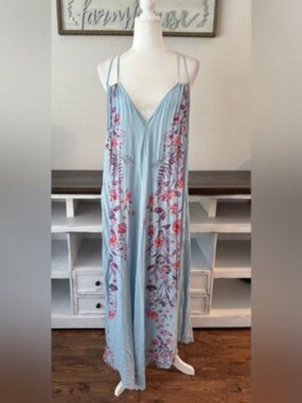 Free People Pale Blue Maxi Dress with Pink & Red Floral Embroidery - Picture 5 of 5